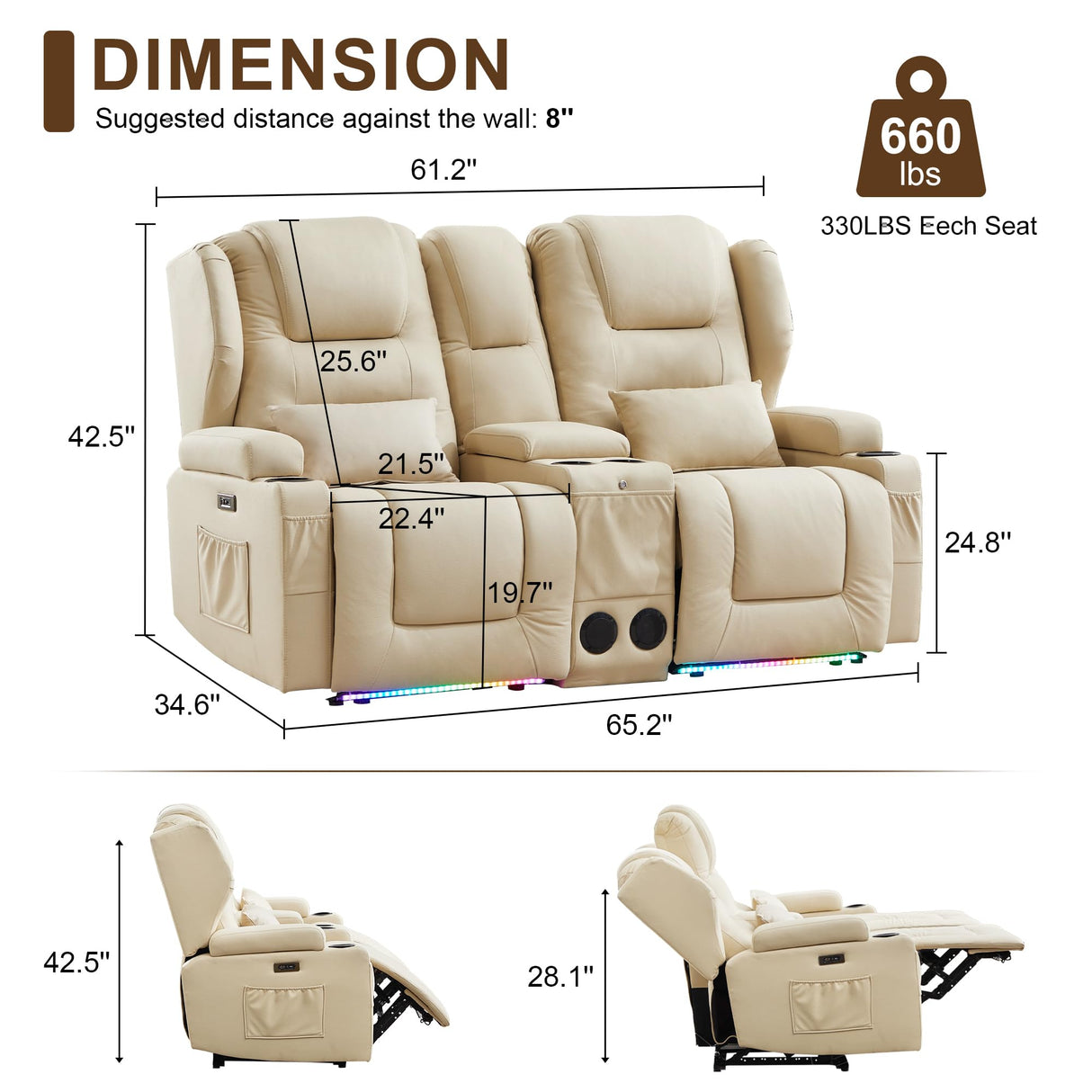 DRMBOOK RV Power Loveseat Recliner Sofa, Leathaire Fabric Wall Hugger Reclining Sofa with Console, Home Theater Seating Chair with Cup Holders, 2 Person Couch RV Furniture for Living Room, Beige DRMBOOK