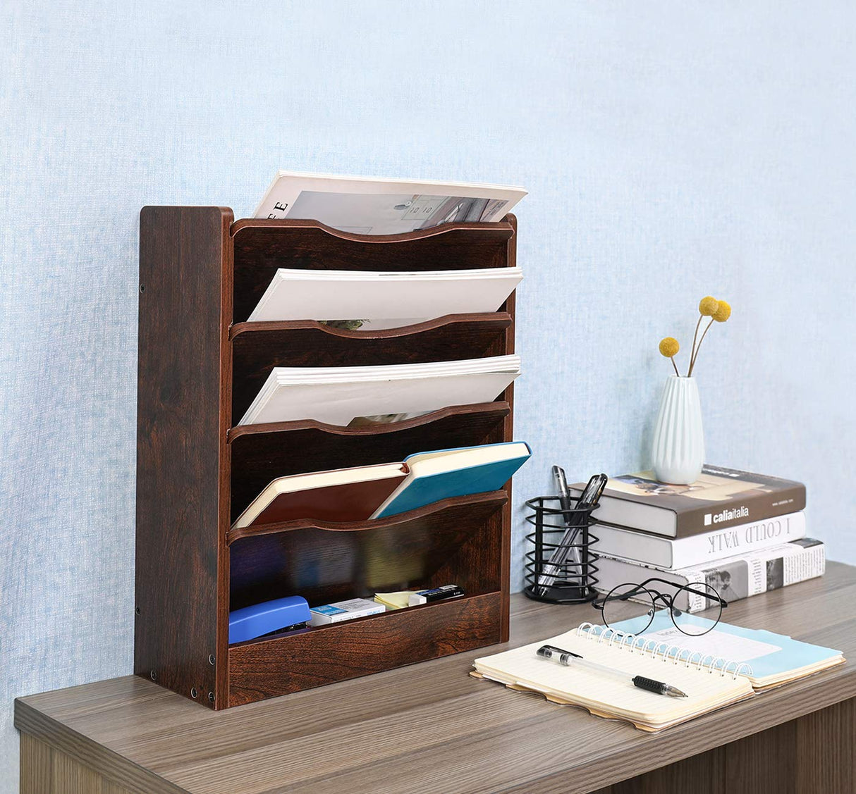 PAG 5-Tier Wall File Holder Hanging Mail Organizer Wood Magazine Literature Rack with 6 Hooks, Brown PAG