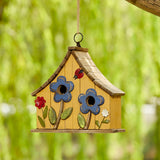 Glitzhome 10.75" L Distressed Solid Wood Hanging Birdhouse with 3D Flowers Rustic Two-Story Townhouse Hand-Painted Garden Bird Houses for Outdoors,Washed Yellow Glitzhome