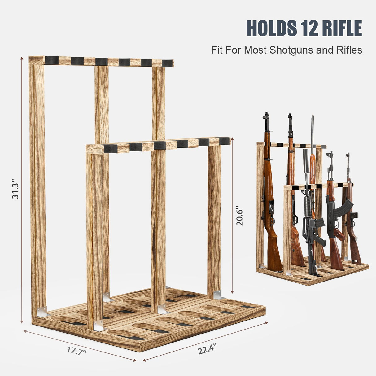 amoard Indoor Gun Racks, Wooden Free Standing Heavy Duty Shotgun Display Rack, Rifle Stand Organizer, 12 Rifles Storage Holder Wood Gun Rack (Carbonized Black) amoard