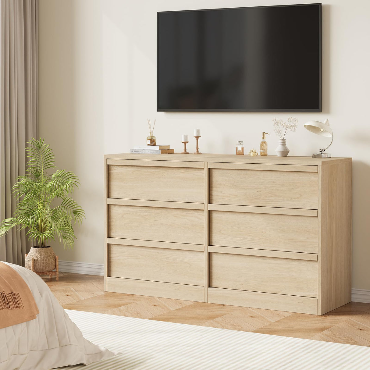 GarveeHome 6 Drawer Dresser for Bedroom, 47in Wide Natural Oak 6 Chest of Drawers with Large Storage, Wooden Dresser Organizer for Living Room, Entryway, Nursery GarveeHome