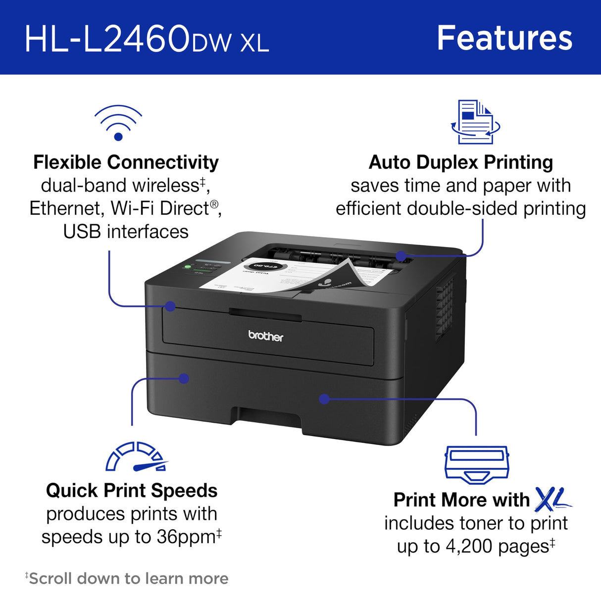 Brother HL-L2460DW XL Wireless Compact Monochrome Laser Printer with Duplex, Mobile Printing, Brother