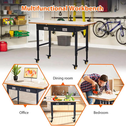 Workbench 60" x 22" Adjustable Height Worktable - Heavy Duty Rubber Wood Top with Drawer Storage, 2000 Lbs Capacity, Mobile Tool Storage Workstation with Power Outlets & Lockable Wheels