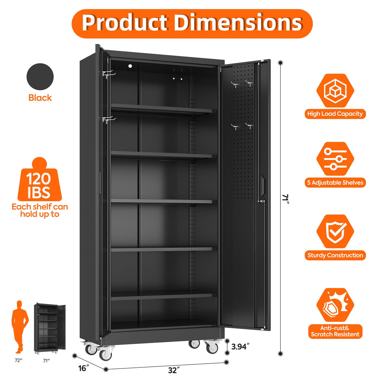 Aobabo 71" H×32" W×16" D Metal Storage Cabinet with Wheels, Garage Steel Storage Cabinet with 5 Adjustable Shelves and 4 Hooks for Home Office, Kitchen, Assembly Required, Black Aobabo