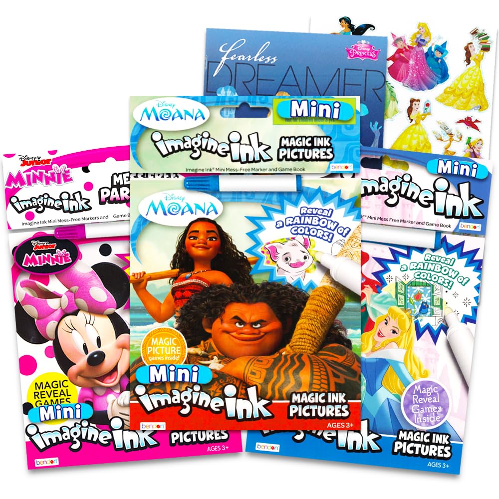 Disney Princess Magic Ink Coloring Book Set - Bundle of 3 Imagine Ink Books for Girls Kids Toddlers Featuring Disney Princess, Moana, and Minnie Mouse with Invisible Ink Pens and Stickers