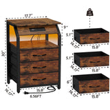 SZLHANJZ End Tables Set of 2, Nightstands with Charging Station and LED Lights, 3 Drawers Fabric Dresser, Storage Side Tables for Bedside, Living Room, Rustic Brown SZLHANJZ