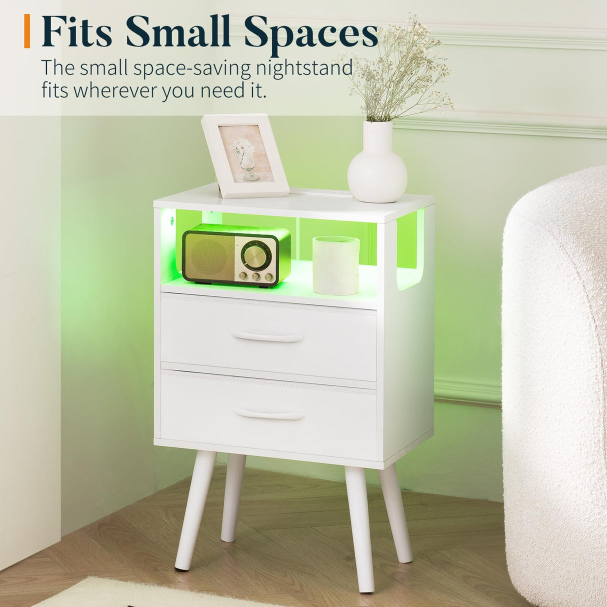 Yoobure LED Night Stand with Charger Station, Mid Century Modern Nightstand with Fabric Drawers, Bedside Table Nightstands with Storage Shelf, Bed Side Table Small Night Stands for Bedroom Living Room Yoobure