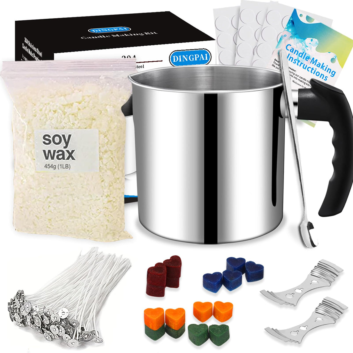DINGPAI Candle Making Supplies, Complete Soy Candle Making Set Including Candle Make Pouring Pot, Candle Wicks, Wicks Sticker, 3-Hole Candle Wicks Holder, Natural Soy Wax and Spoon DINGPAI