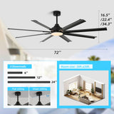 RIENAZA 72 inch Ceiling Fans with Lights and Remote Control，Large Ceiling Fan with 8 Aluminum Blades, 3CCT, 6-Speed,Black Commercial Ceiling Fan for Porch/Garage/Shop/Living Room RIENAZA