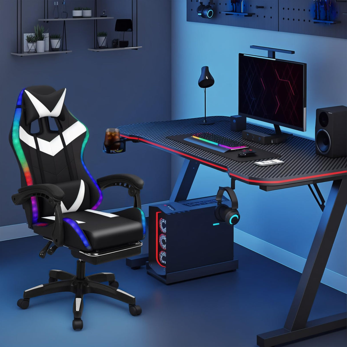 Talent Star RGB Gaming Chair with LED Lights,Adjustable Ergonomic Massage Computer Gaming Chair with Speakers & Footrest High Back Video Game Chair with Lumbar Support for Adults White Talent Star