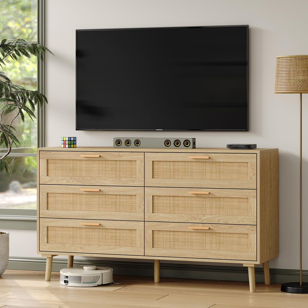 Furniouse 6 Drawer Double Dresser for Bedroom, 47.3" Rattan Chest of Dressers with Storage and Gold Handle, Natural Rattan Dresser for Living Room, Hallway, Entryway Furniouse