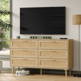 Furniouse 6 Drawer Double Dresser for Bedroom, 47.3" Rattan Chest of Dressers with Storage and Gold Handle, Natural Rattan Dresser for Living Room, Hallway, Entryway Furniouse