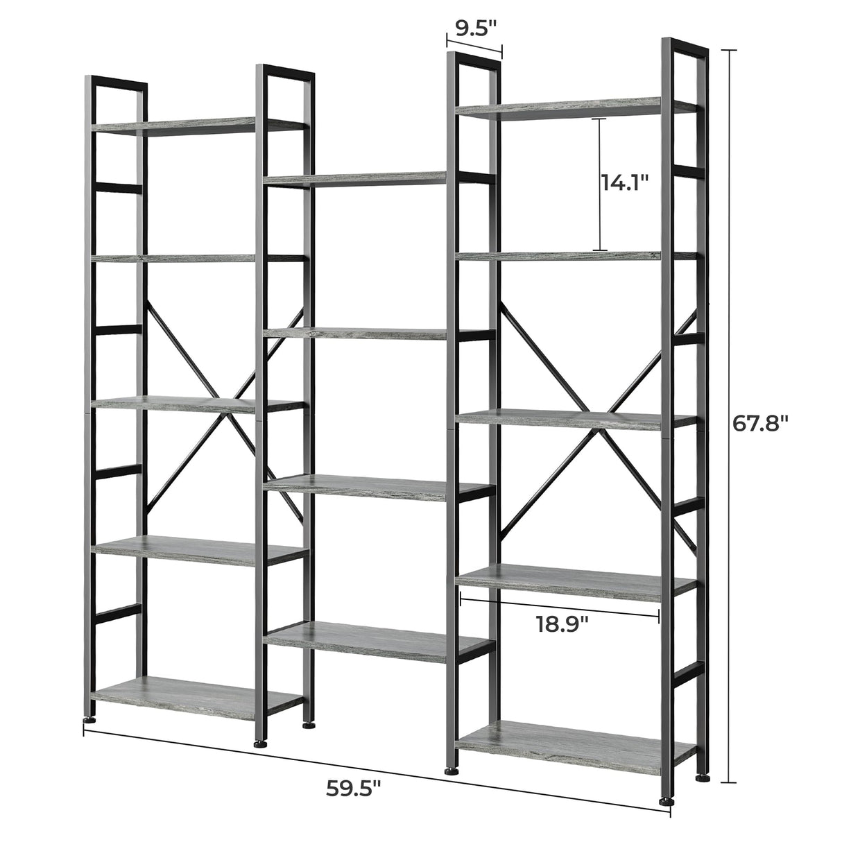 SUPERJARE Triple 5 Tier Bookshelf, Bookcase with 14 Open Display Shelves, Wide Book Shelf Book Case for Home & Office, Grey SUPERJARE