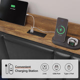 DICTAC California King Floating LED Bed Frame with Storage Headboard and Charging Station in Black and Rustic Finish DICTAC