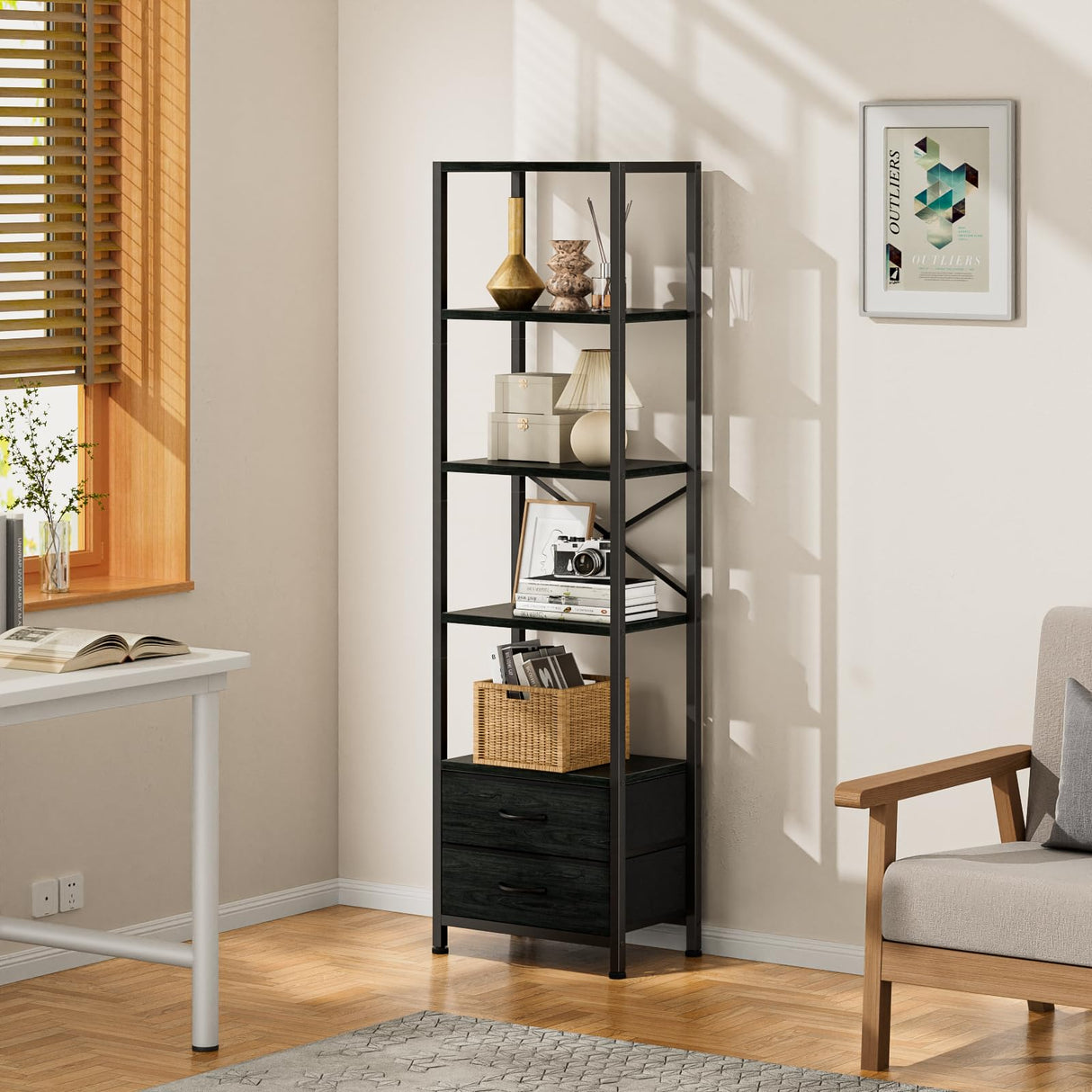 Furnulem 5-Tier Corner Shelf, Narrow Bookshelf with 2 Storage Drawers, 65.16" Tall Bookcase, Standing Shelf Organizer Unit for Living Room, Bedroom, Metal Frame, Wood Display Shelf(Black Oak) Furnulem