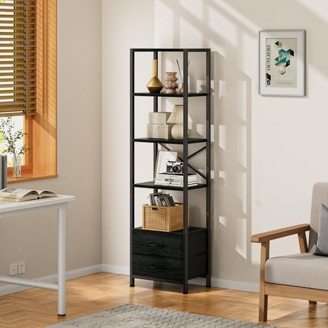 Furnulem 5-Tier Corner Shelf, Narrow Bookshelf with 2 Storage Drawers, 65.16" Tall Bookcase, Standing Shelf Organizer Unit for Living Room, Bedroom, Metal Frame, Wood Display Shelf(Black Oak) Furnulem