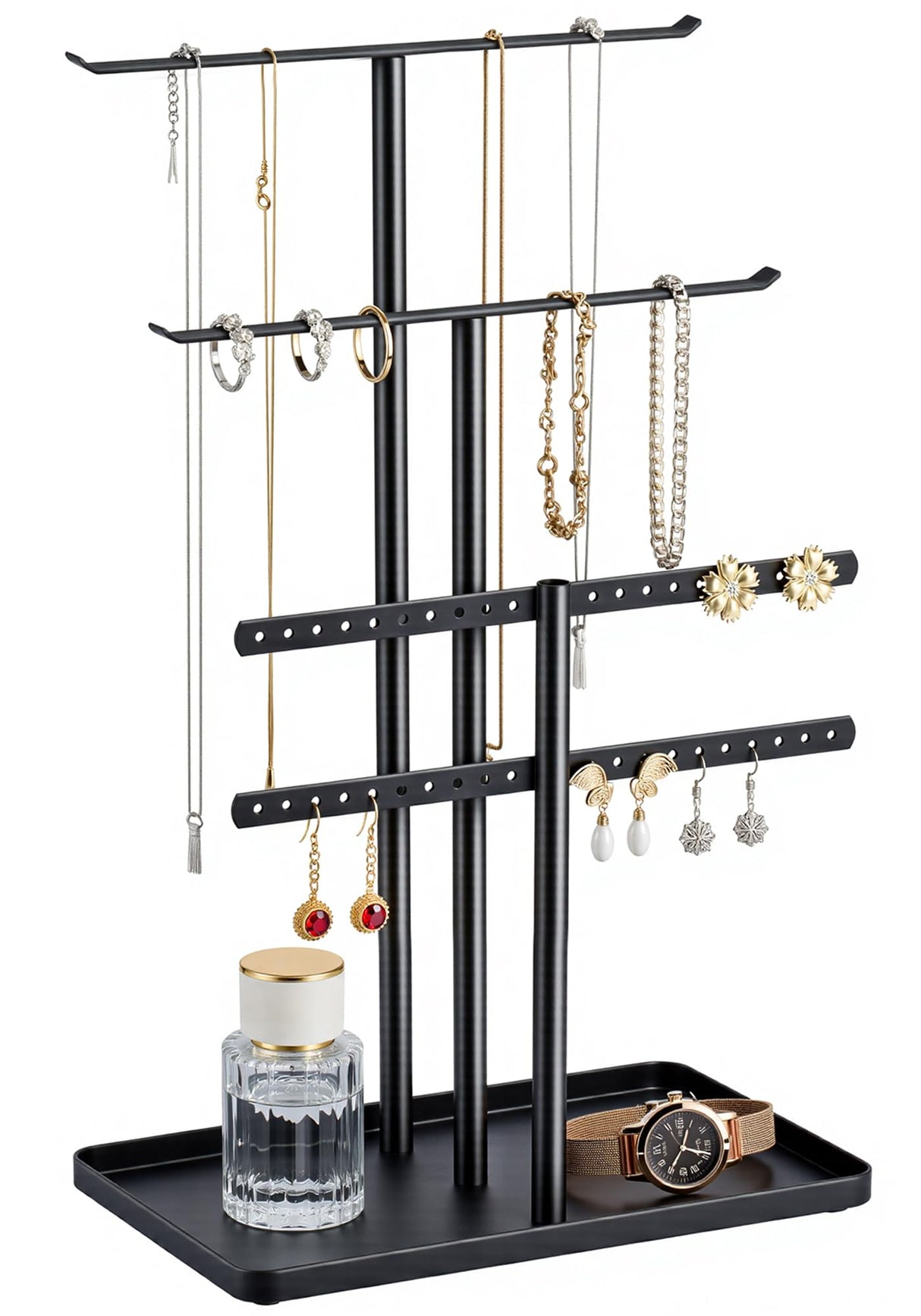 pickpiff Jewelry Stand Organizer, 14.5" Tall Sturdy Metal, 3-Tier Jewelry Holder for Necklace, Earring, Bracelet, Ring, Hanger for Display and Storage, Aesthetic Room Decor, Black pickpiff