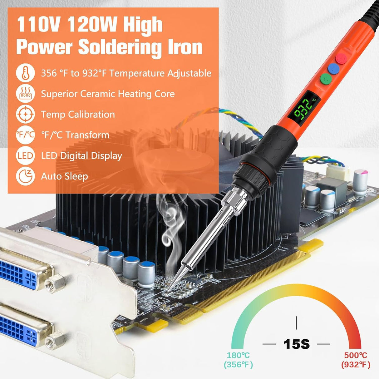 Soldering Iron Kit, 120W LED Digital Advanced Solder Iron Soldering Gun kit, 110V Welding Tools, Smart Temperature Control [356℉-932℉], Extra 5pcs Tips, Auto Sleep, Temp Calibration, Orange Q-MING