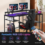 Panana L Shaped Gaming Desk with LED Lights & Power Outlets, Reversible Computer Desk with Stand & Shelves, Corner Desk Home Office Desk with USB Charging Port (Black) Panana