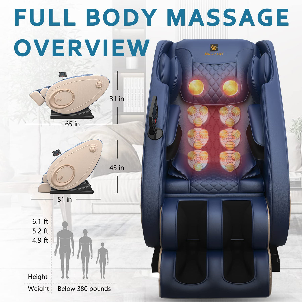 Massage Chair Blue-Tooth Connection and Speaker, Recliner with Zero Gravity with Full Body Air Pressure, Easy to Use at Home and in The Office BILITOK