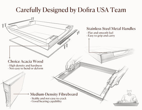 Dofira Acacia Wood Serving Tray with Metal Handles, 17x13in Large Ottoman Tray, Food Drinks Tray for Coffee Table, Breakfast, Dinner & Bar, Rustic Decorative Tray for Kitchen, Bedroom (Gift Box) Dofira