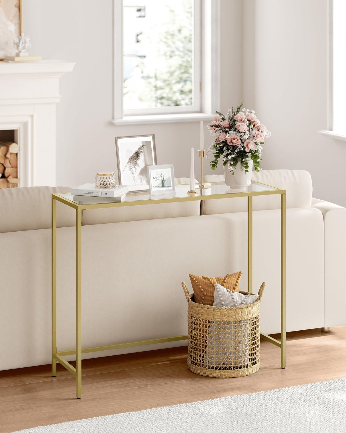 VASAGLE Entryway Table, Console Table, Tempered Glass Tabletop, Modern Sofa Table, Easy Assembly, with Adjustable Feet, for Living Room, Entryway, Pale Gold and Transparent ULGT132A01 VASAGLE