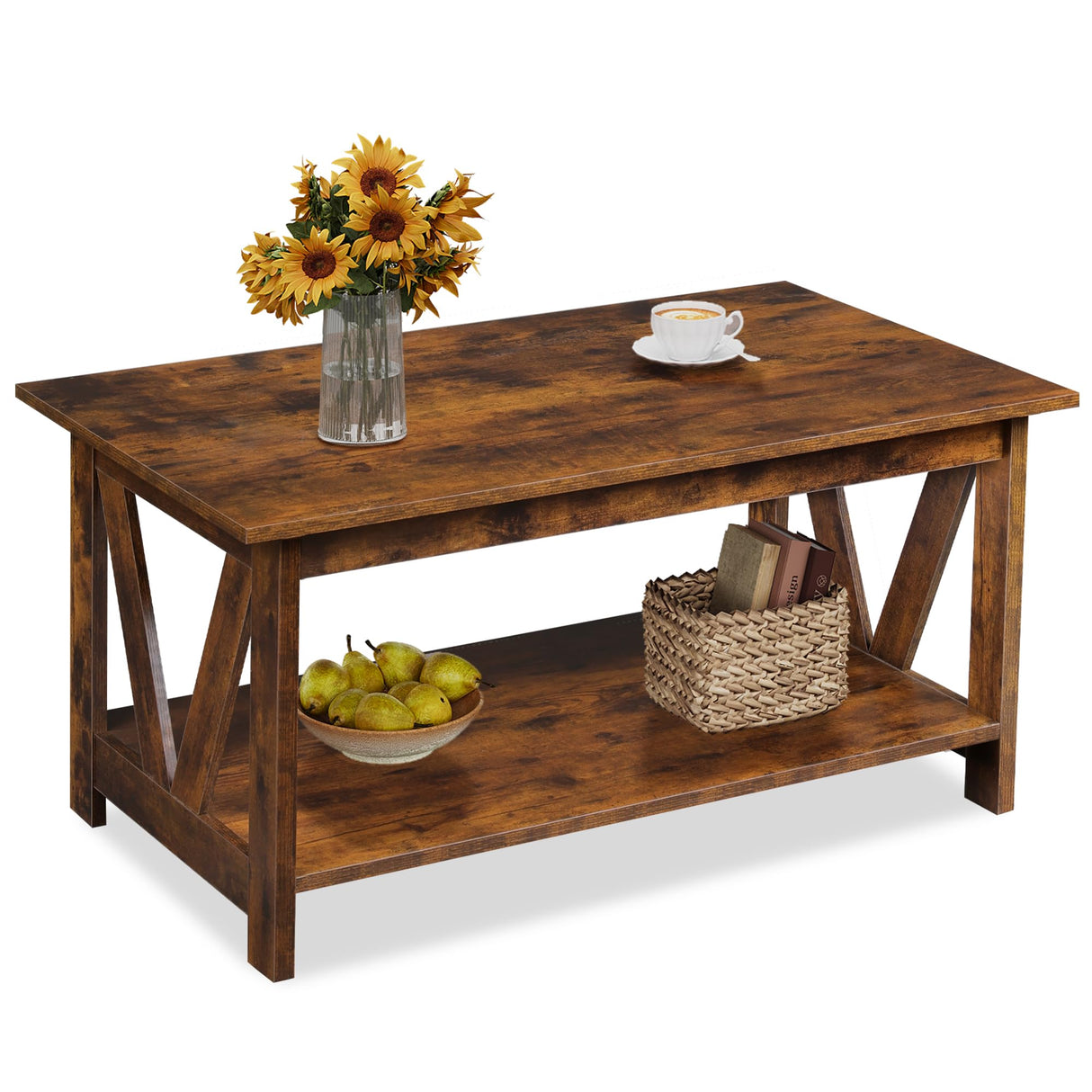 WLIVE Coffee Table with Storage Shelf, 39.4" Farmhouse Coffee Table with V-Frame Support, 2-Tier Wood Rustic Center Table for Living Room, Bedroom & Balcony, Rustic Brown WLIVE