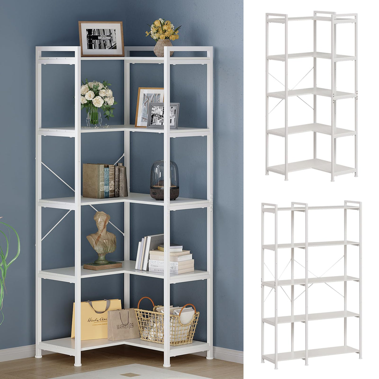 Tohomeor Bookshelf 5 Tier Deformable Corner Bookcase Free Standing Modern Industrial Book Storage Display Book Shelf for Bedroom Living Room Study Room Office (White) Tohomeor