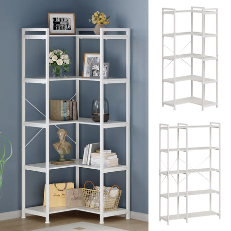 Tohomeor Bookshelf 5 Tier Deformable Corner Bookcase Free Standing Modern Industrial Book Storage Display Book Shelf for Bedroom Living Room Study Room Office (White) Tohomeor
