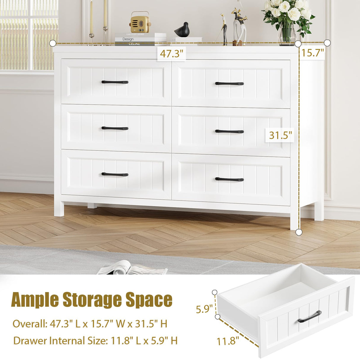 Jocoevol 6 Drawer Dresser for Bedroom, Farmhouse Dresser with Deep Drawers, Large White Dresser Wooden Double Dresser Chest of Drawers for Living Room, Hallway, Entryway (White, 6 Drawer) Jocoevol