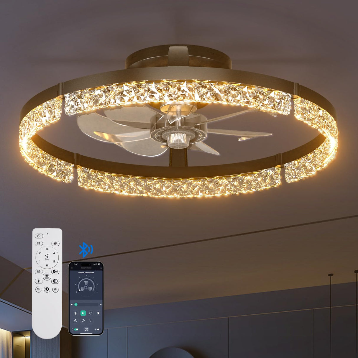 addlon Ceiling Fans with Lights and Remote, 20'' Low Profile Ceiling Fans, 3000-6000K Dimmable Modern Flush Mount LED Fan Light, Fandelier Ceiling Fan for Bedroom, Kitchen, Living Room, Black addlon