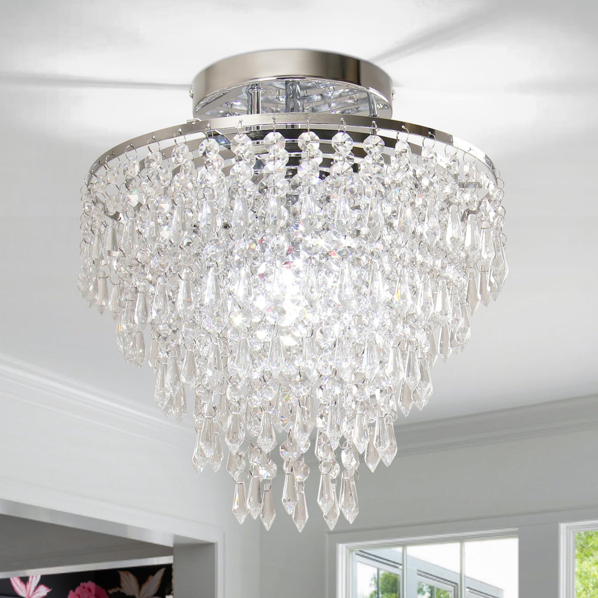 FRIXCHUR 11.8" Crystal Chandelier Chrome Flush Mount Ceiling Light 5 Tiers Raindrops Silver Chandeliers for Bedroom Hallway Living Room,E26 Base FRIXCHUR