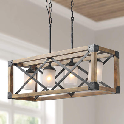 LNC Farmhouse Chandelier, 4-Light Dining Room Light Fixture, Rectangular Chandelier with Frosted Glass Globes, 27.5” L, Brown