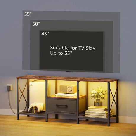 JARHETUN LED TV Stand with Fabric Drawer, Entertainment Center for 50 55 Inch TV, Industrial TV Console Table with Open Storage Shelves for Living Room, Bedroom, Rustic Brown JARHETUN