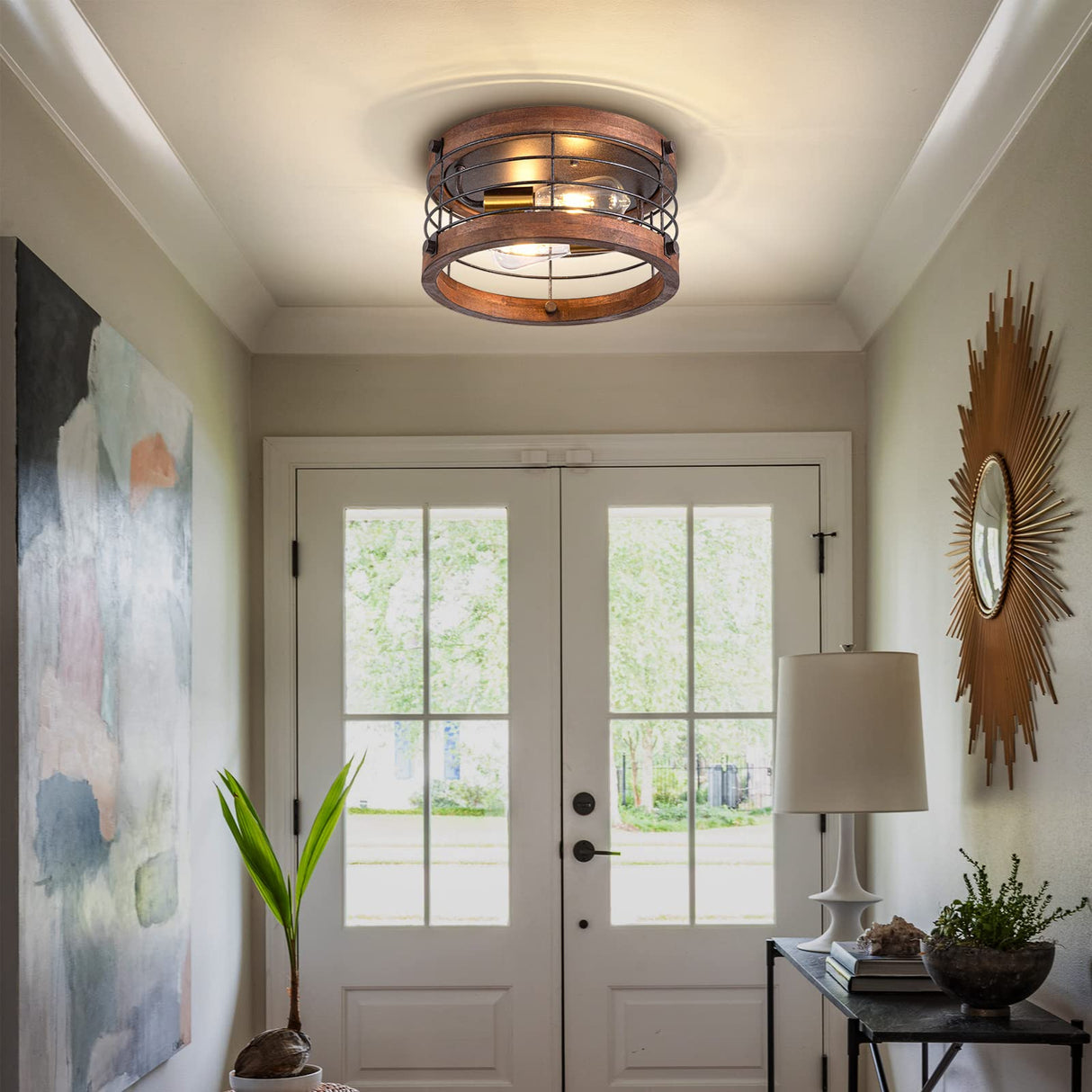 wochos Farmhouse Flush Mount Ceiling Light, 12.6 Inch 2-Light Metal and Wood Close to Ceiling Light Fixture, Rustic Drum Semi Ceiling Light for Kitchen, Dining Room, Living Room, Hallway, Entryway wochos