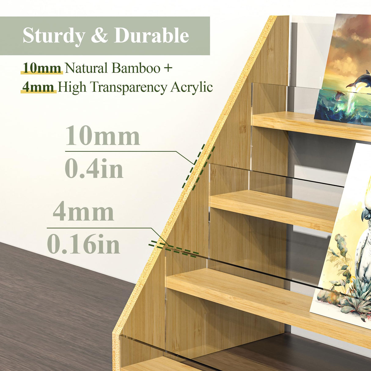 NiHome 4-Tier Bamboo & Acrylic Greeting Card Display Stand for Cards, Photos, Postcards - Durable Stylish Showcase Organizer with High-Transparency Panels for Home, Wedding & Keepsakes NiHome