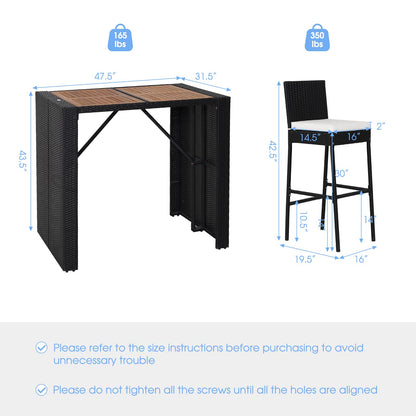 Tangkula 5-Piece Off White Outdoor Wicker Bar Set with Acacia Wood Table and Cushioned Stools