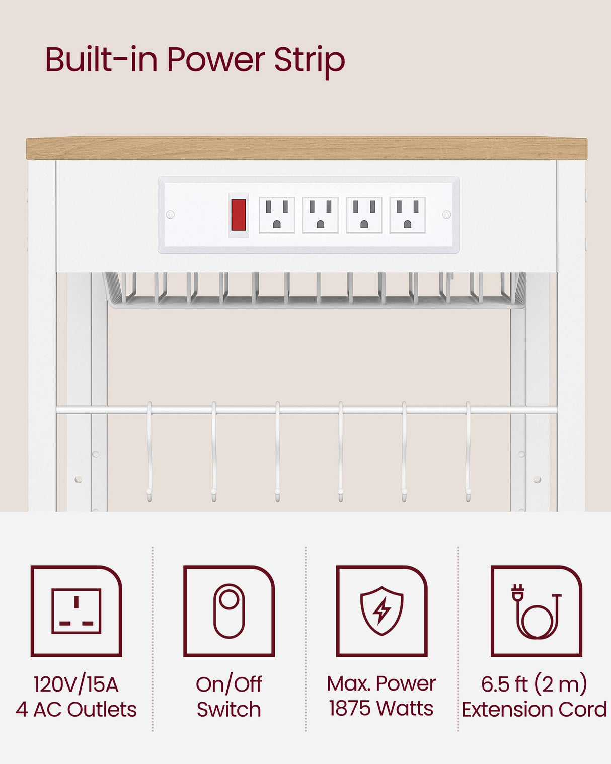 VASAGLE Baker's Rack, Coffee Bar Stand with Charging Station, Storage Shelves, Pull-Out Wire Basket, Table for Microwave, Kitchen, Oak Beige UKKS036Y09, 15.7 x 35.4 x 35.6 Inches VASAGLE