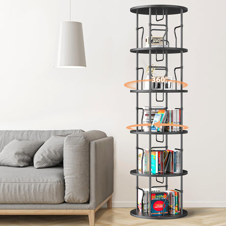 VYRIVA 5 Tier Rotating Bookshelf Tower, 360° Display Round Bookcase, Floor Standing Corner Revolving Bookshelf Organizer Storage Rack for Home Study Office, Small Spaces VYRIVA