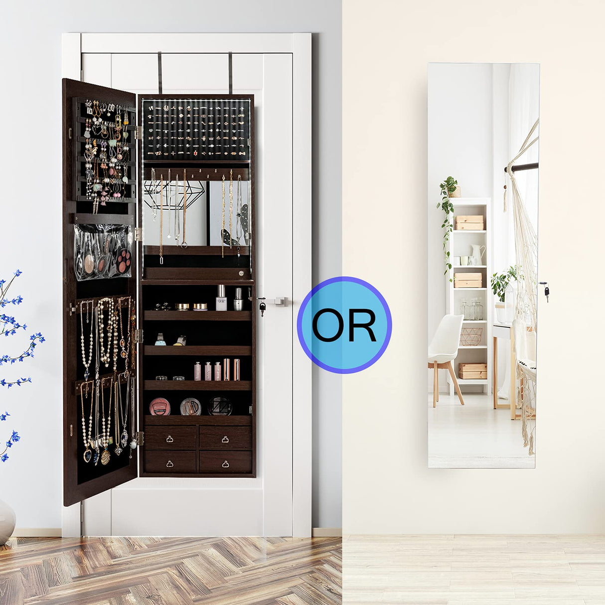 CHARMAID LED Strip Jewelry Armoire with 47.2" H Full Length Mirror, Wall/Door Mounted Jewelry Organizer with Built-in Mirror, Flip-over Cosmetic Tray, 4 Drawers, Large Storage Jewelry Cabinet (Coffee) CHARMAID