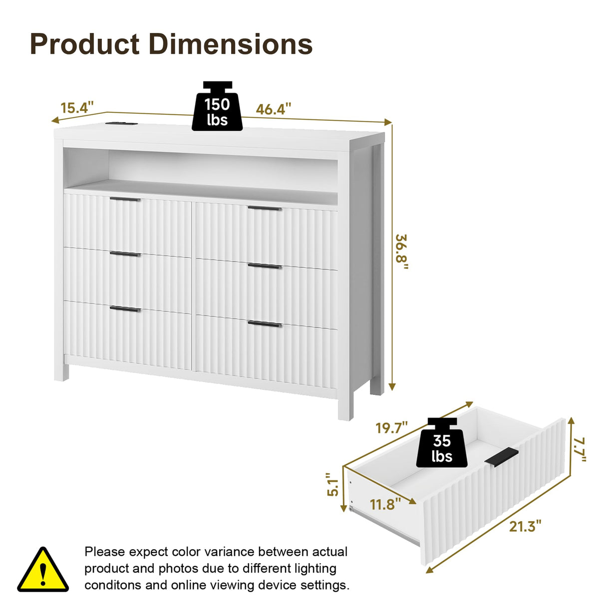 Fluted 6 Drawer Dresser with Power Outlet and LED Lights,Modern Chest of Drawers with Charging Station,Large Dresser TV Stand,Double Wooden Drawer Organizer for Bedroom,Living Room, Hallway(White) Jocoevol