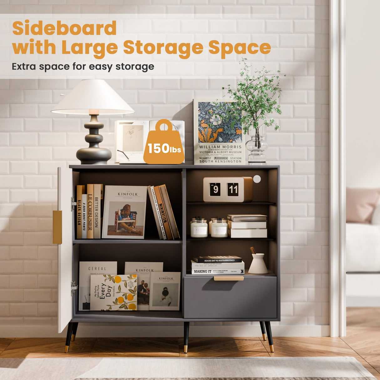 MODNEST 31" Fluted Sideboard Cabinet with Door and Drawer, Sideboard Buffet Cabinet with Storage, Coffee Bar with Adjustable Shelves for Kitchen, Living Room, Entryway, 31.5"x15.7"x31.5", Grey MODNEST