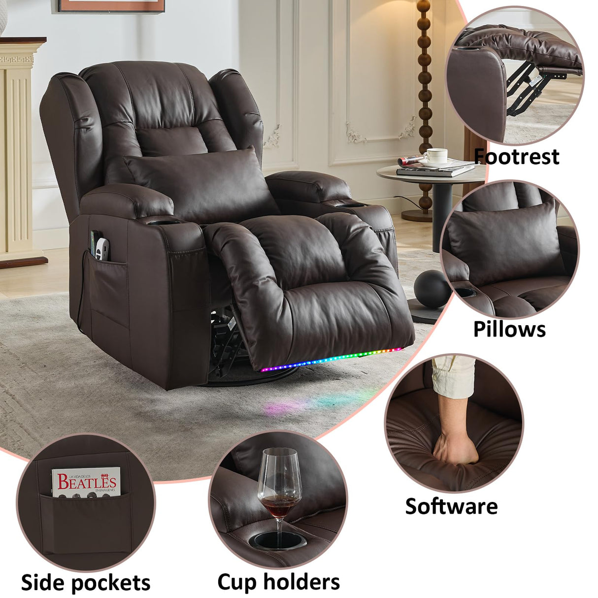 OQQOEE Power Recliner Chair,Electric Swivel Rocker Recliner,Glider Rocking Chairs Home Theater Seating with Massage Heat,Cup Holders,USB Ports for Living Room (Brown PU) OQQOEE