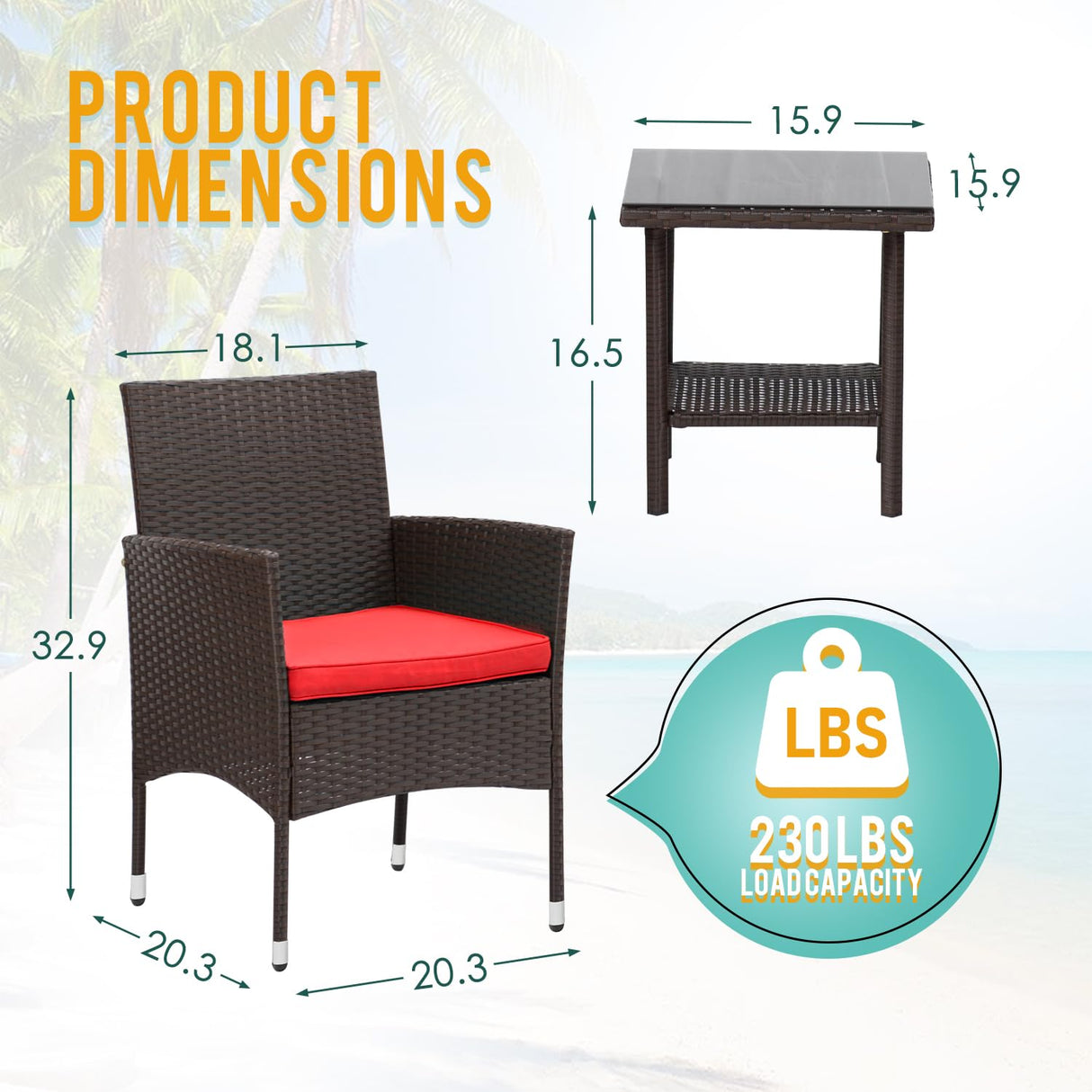 PayLessHere Set of 3 Outdoor Furniture Set Patio Furniture Set Brown Conversation Set with 2 Rattan Chairs Glass Coffee Table for Coffee Bar Poolside Patio Outdoor, Red Cushions PayLessHere