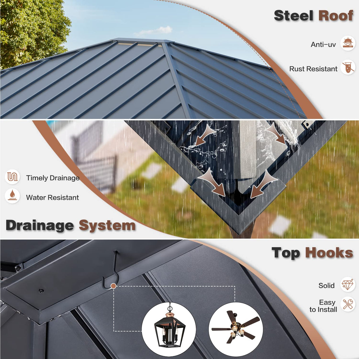 YOLENY 12' x 14' Ultra-Thick Columns and Beams Hardtop Gazebo, Faux Wood Grain Metal Gazebo with Storage Shelves, Vertical Stripe Galvanized Iron Roof, Outdoor Patio Gazebo for Patio YOLENY