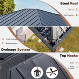 YOLENY 12' x 14' Ultra-Thick Columns and Beams Hardtop Gazebo, Faux Wood Grain Metal Gazebo with Storage Shelves, Vertical Stripe Galvanized Iron Roof, Outdoor Patio Gazebo for Patio YOLENY