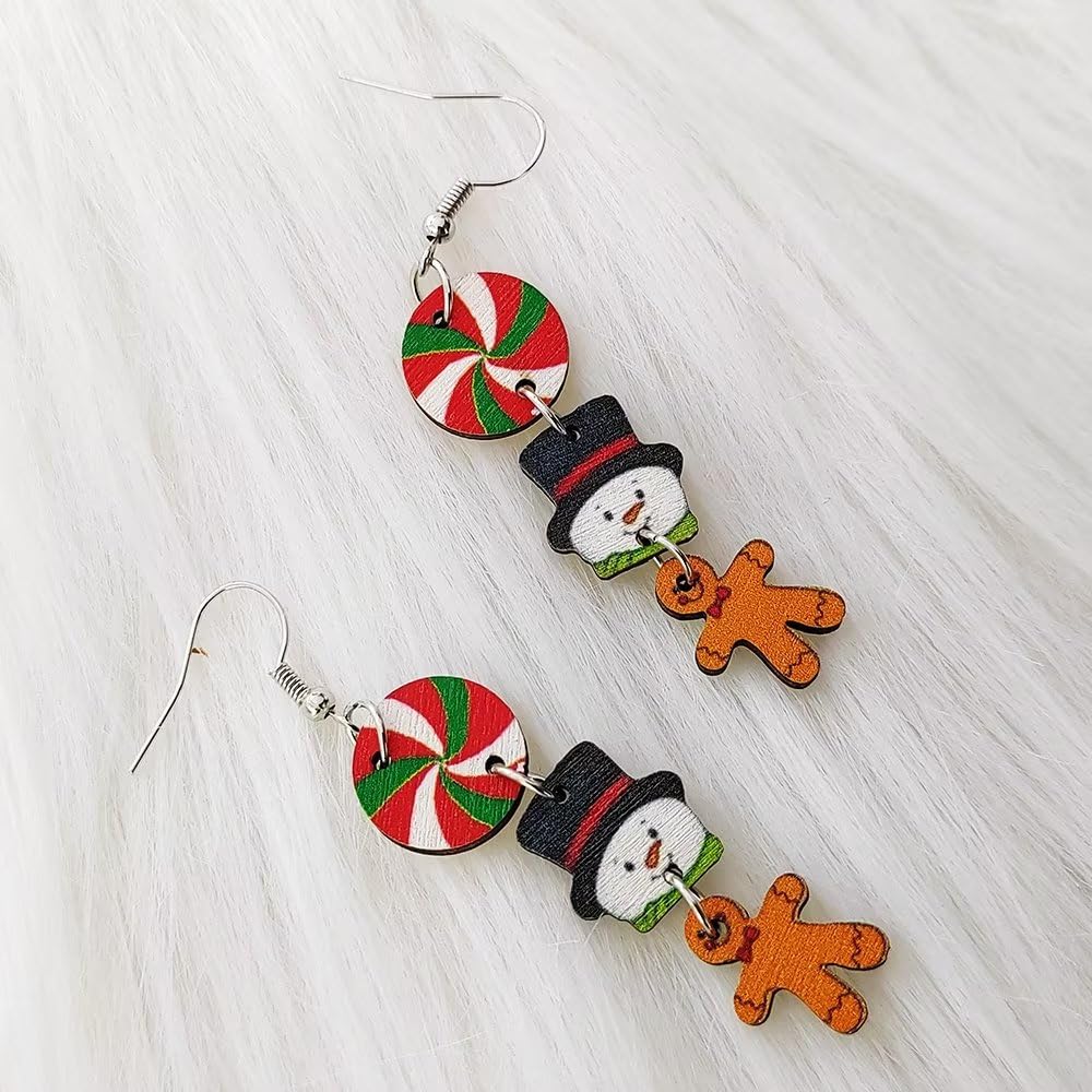 Zhang shine Christmas Theme Wooden Earrings for Women Snowman Santa Gingerbread Man Candy Gift Dangle Earrings for Christmas Holiday Party Decorations