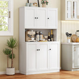 ONBRILL 71" Tall Kitchen Pantry Storage Cabinet with Microwave Stand & Door Shelf, Freestanding Kitchen Hutch with 6 Doors and Adjustable Shelves, Modern Food Pantry for Kitchen, Dining Room, White ONBRILL