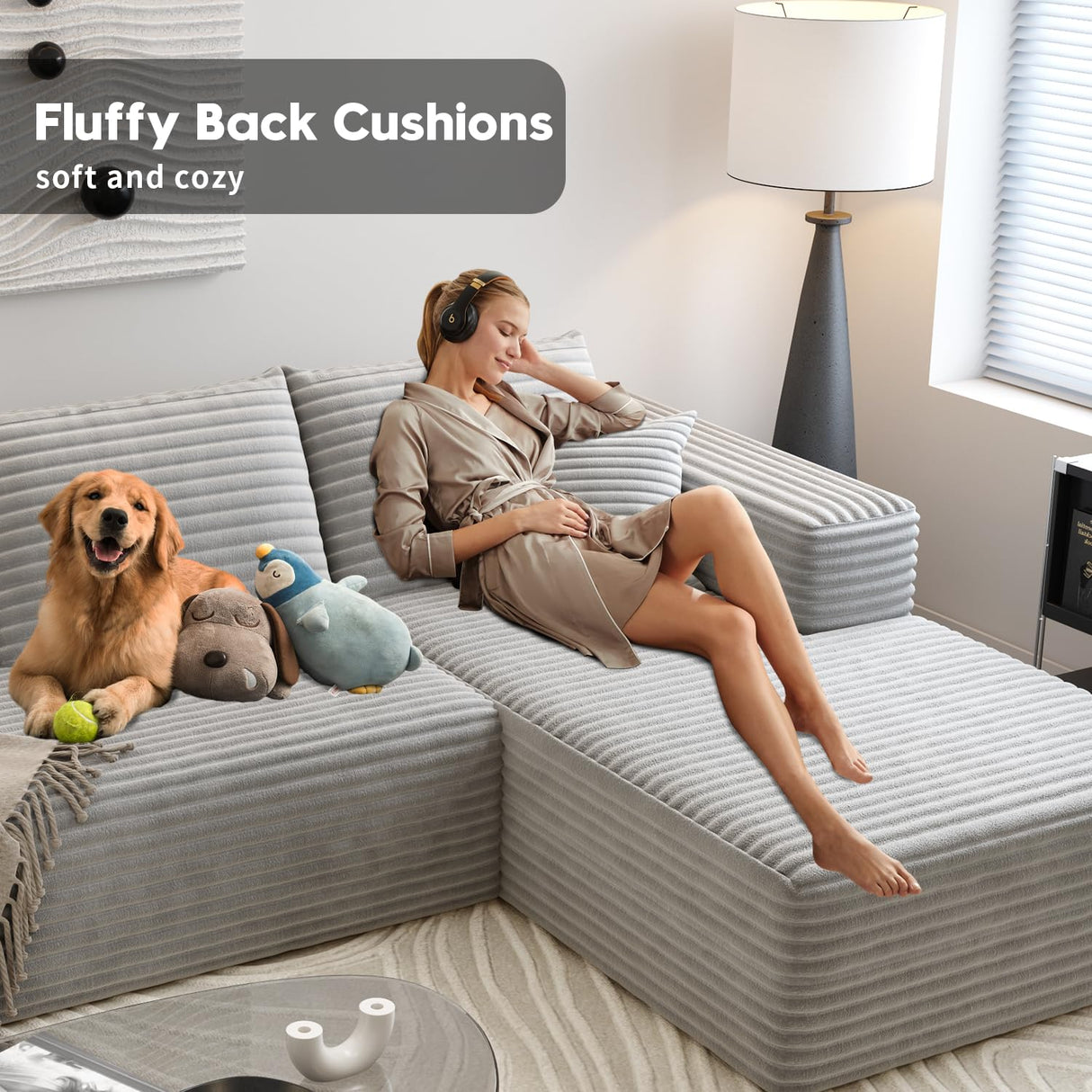 107.5" Cloud Sectional Couch with L-Shape Chaise,Modern Modular Sofa with Deep Seat, Upholstered Couches for Living Room Bedroom Apartments,No Assembly Required, (Grey,Right Facing Chaise) Astronovo