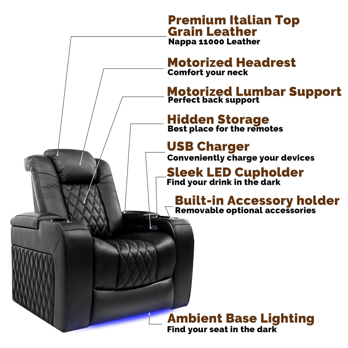 Valencia Tuscany Home Theater Seating | Premium Top Grain Italian Nappa 11000 Leather Power Recliner Chair with Lumbar Support & Headrest (Row of 3, Navy Blue) VALENCIA THEATER SEATING